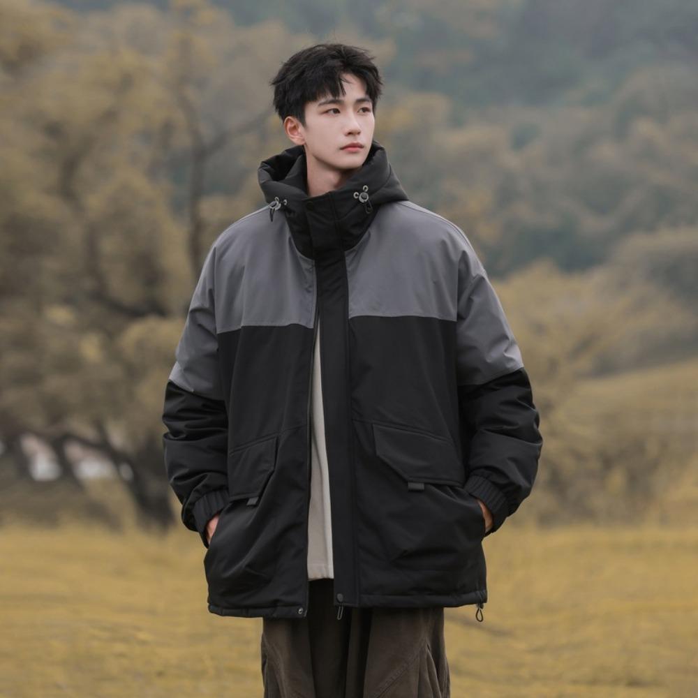 2025 winter new hooded feather tooling color matching fleece clothing fashionable versatile thickened warm and cold-resistant couple jacket