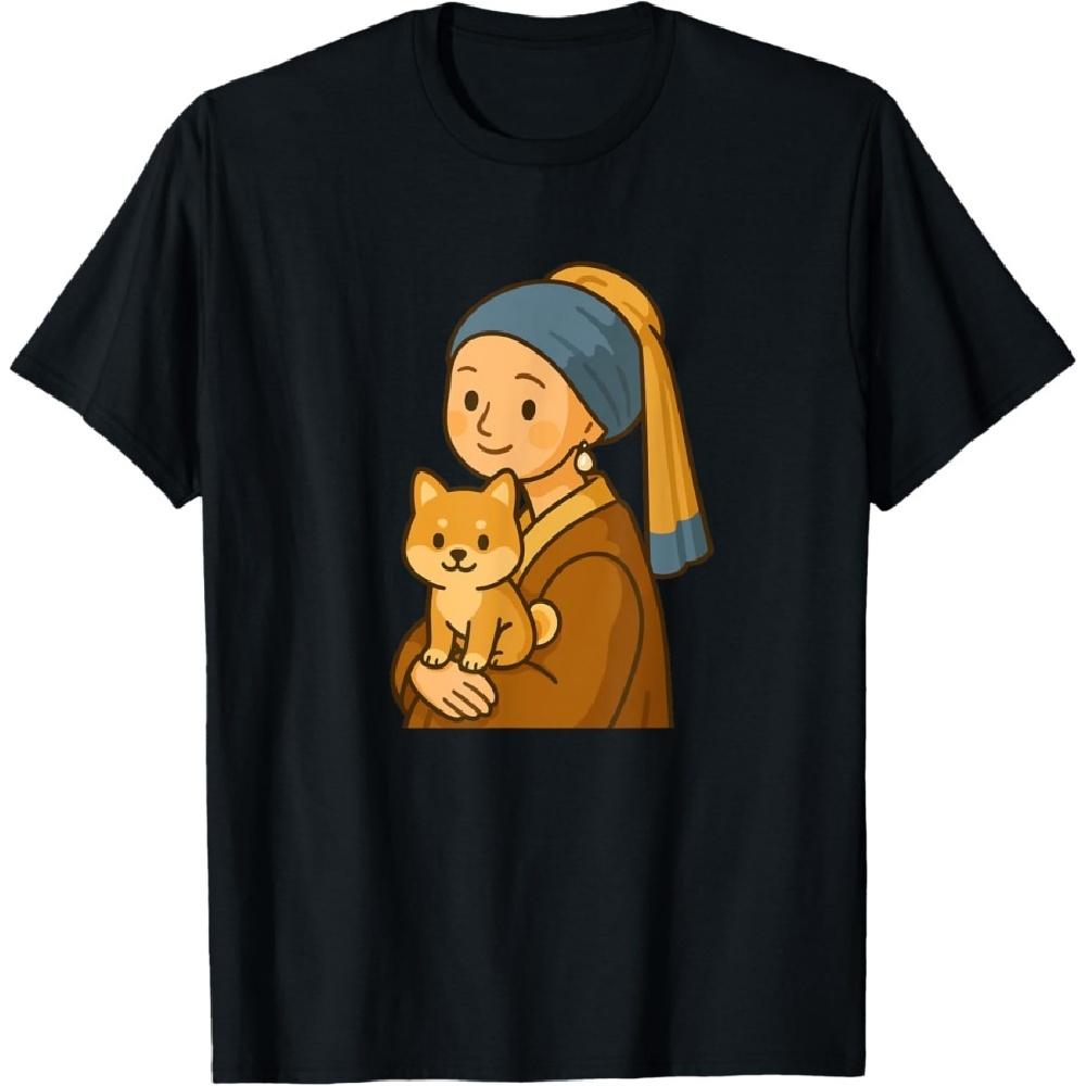 Girl with a Pearl Earring and shiba inu Funny cute cartoon T-Shirt XXXXXL чёрный