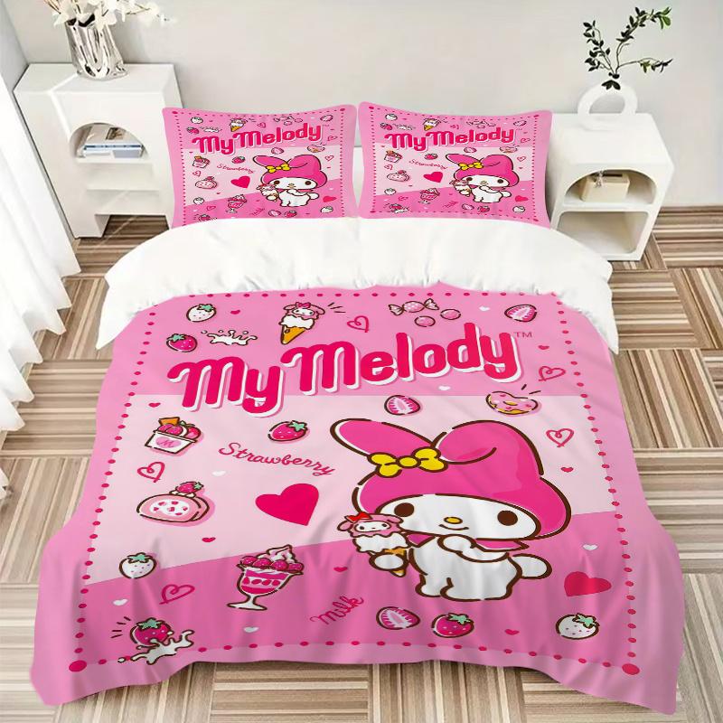 3pcs My Melody Quilt Set Cartoon Themed Bed Quilt Set Lovely Character Bedroom Decor Bed Quilt Set Four Seasons (1 Cover + 2Pillowcase NO Comfort