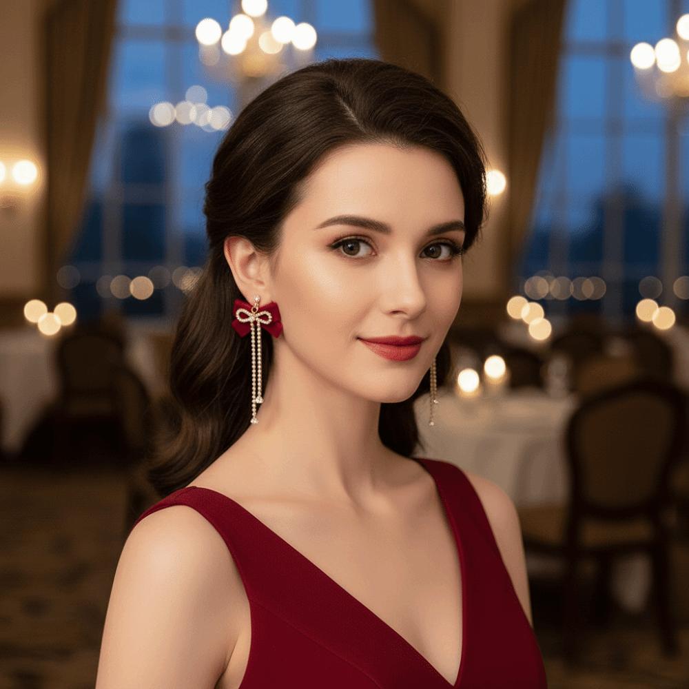 Rhinestone Bow Choker Zinc Zinc Alloy Velvet Collar Necklaces Exquisite Bowknot Earrings  New Year