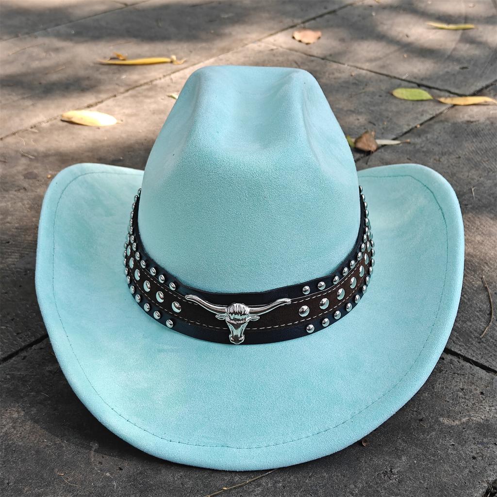 Retro Suede Leather Western Cowboy Fedora Hat For Men Women Bull Head Accessories Fashion Travel Party Hat Denim Hat Sombrero