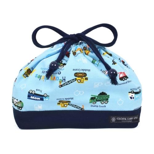 COLORFUL CANDY STYLE Lunch Bag for Boys, Medium Drawstring, Stylish and Cute with Gusset, Full Throttle Working Vehicle (Light Blue) N3469500