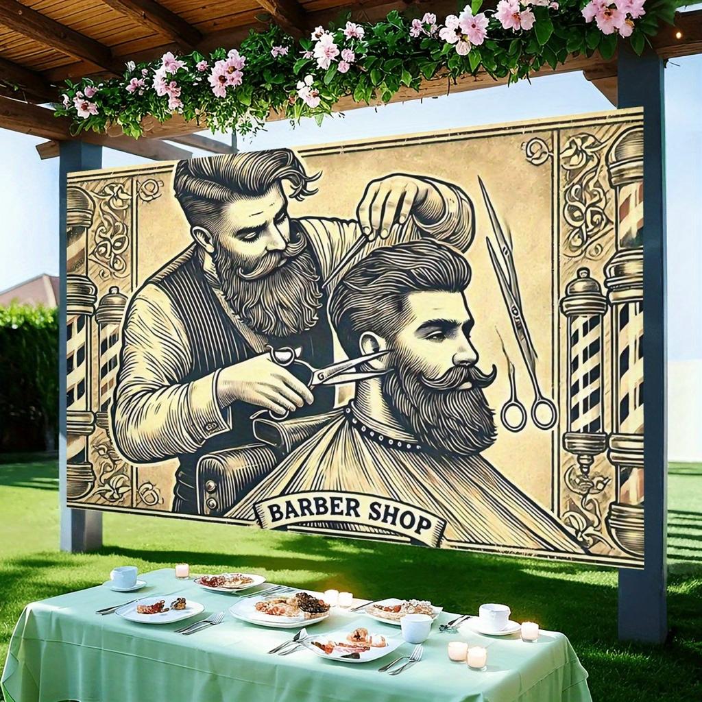 2D flat design 1-piece vintage barber shop theme party backdrop suitable for birthdays and weddings