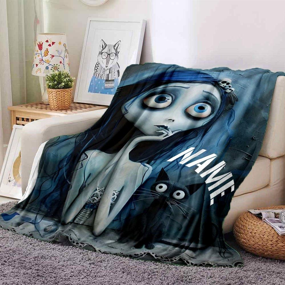 Blue Haired Gothic Beauty With Black Cat Multi Purpose Customizable Blanket Personalized Text Soft Warm Cozy Versatile For Sofa Couch Office Bed