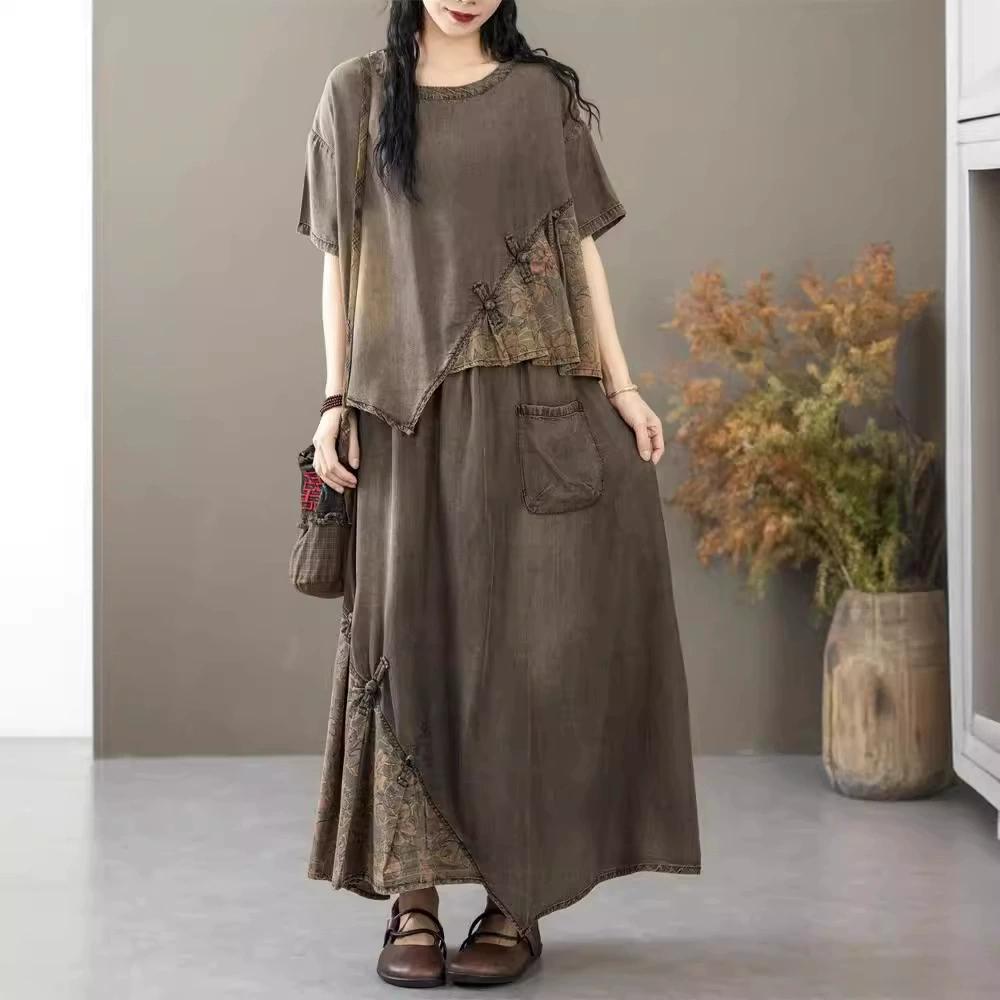 

Летняя ретро-футболка из денима с этническим принтом пряжки и сращиванием для женщин, утягивающий комплект с юбкой А-силуэта на резинке на талии One Size чёрный