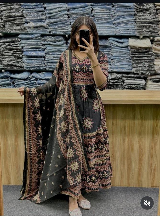 Women Bollywood Printed Cotton Anarkali Kurta Pant Dupatta Set Indian Designer Top Tunic Salwar Suit