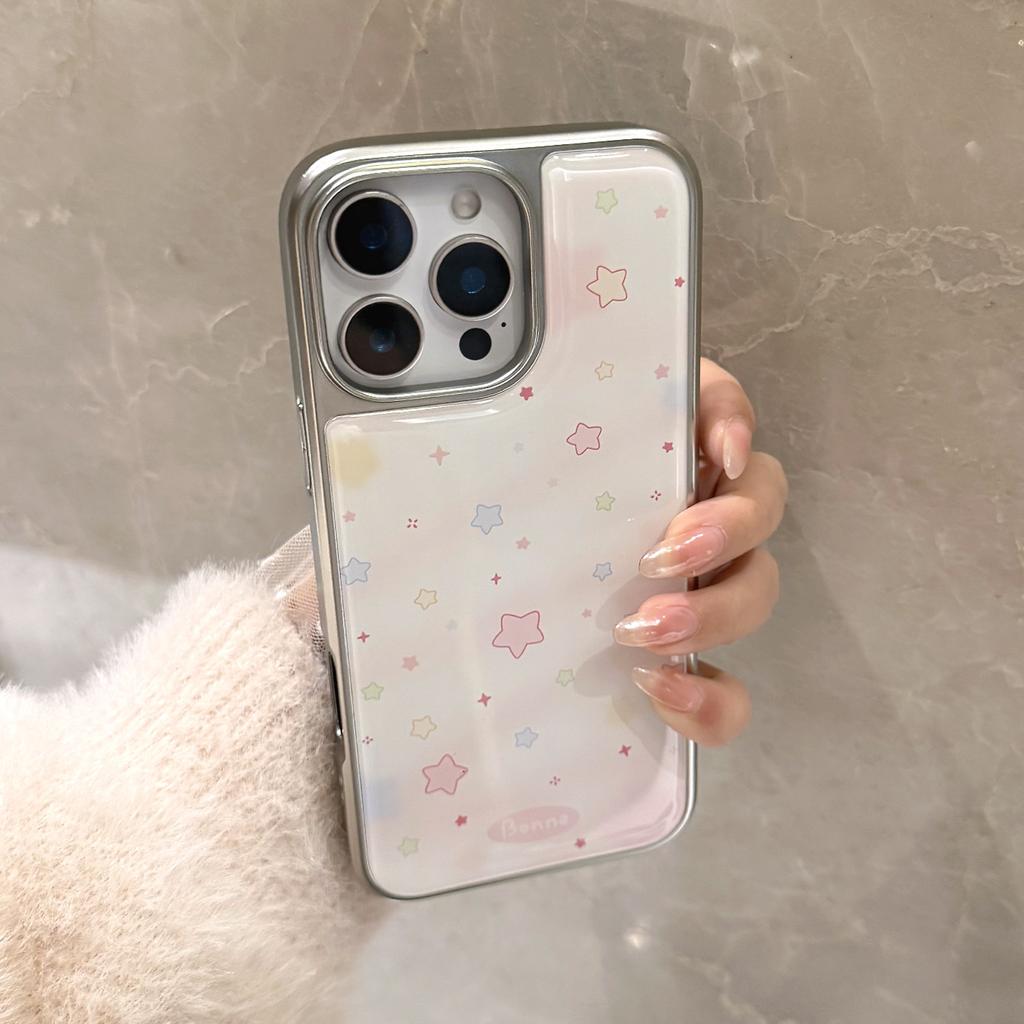 Kryt na telefon Drop Glue Růžový přechodový vzor Hvězdy Pokovený stříbrný okraj pro iPhone 17 16 15 14 13 12 11 Pro Max Plus