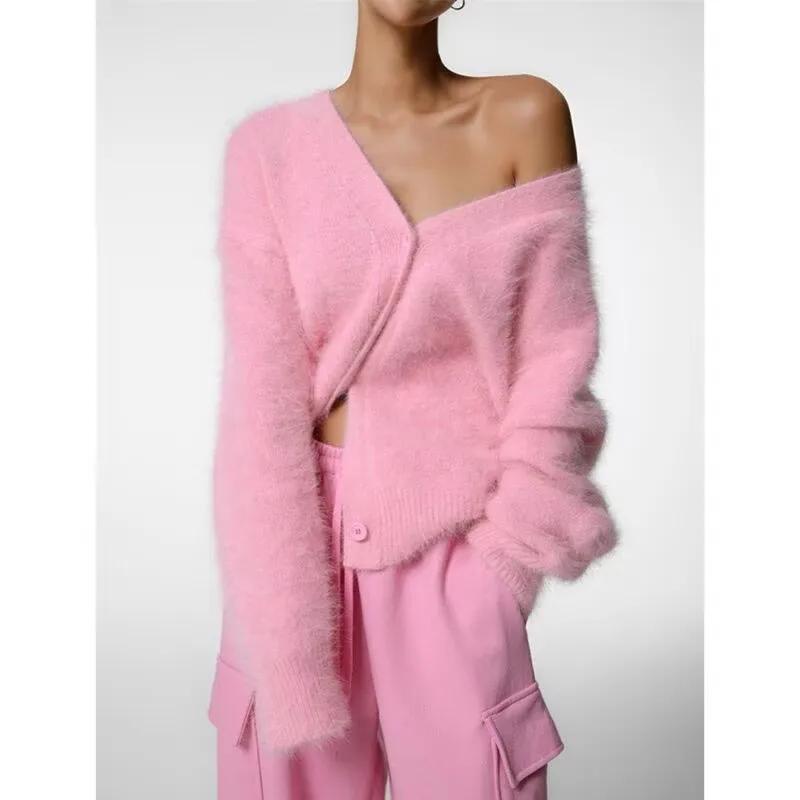 Autumn Winter Plush Women Cardigan Sweater Imitation Mink Fur Versatile Casual Knitwear Female V-neck Loose Ladies Knitted Top