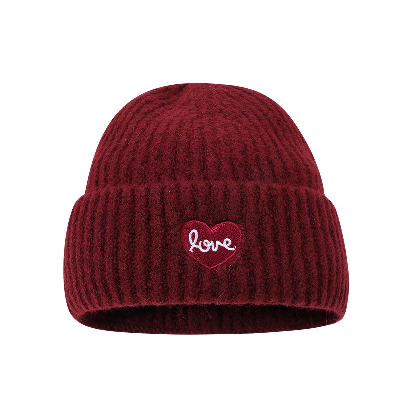 Love Embroidered Woolen Hat for Women Autumn and Winter New Style Large Head Circumference Knitted Hat Large Version Warm Ear Protection Cold Hat