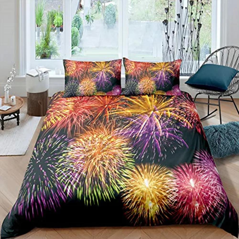 Fireworks Soft Durable Quality Duvet Cover Colourful Fires Celebrate Mery Christmas Theme Polyester for Children Tens Women for Bedrom Decoration