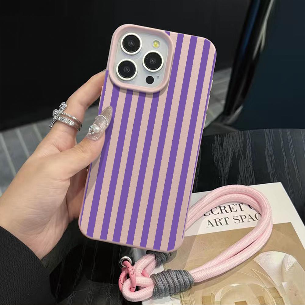 Striped Couple Hand Wrist Strap Case For iPhone 11 12 13 Pro Max Cases iPhone 16 17 14 15 Plus Minimalist INS With Lanyard Cover
