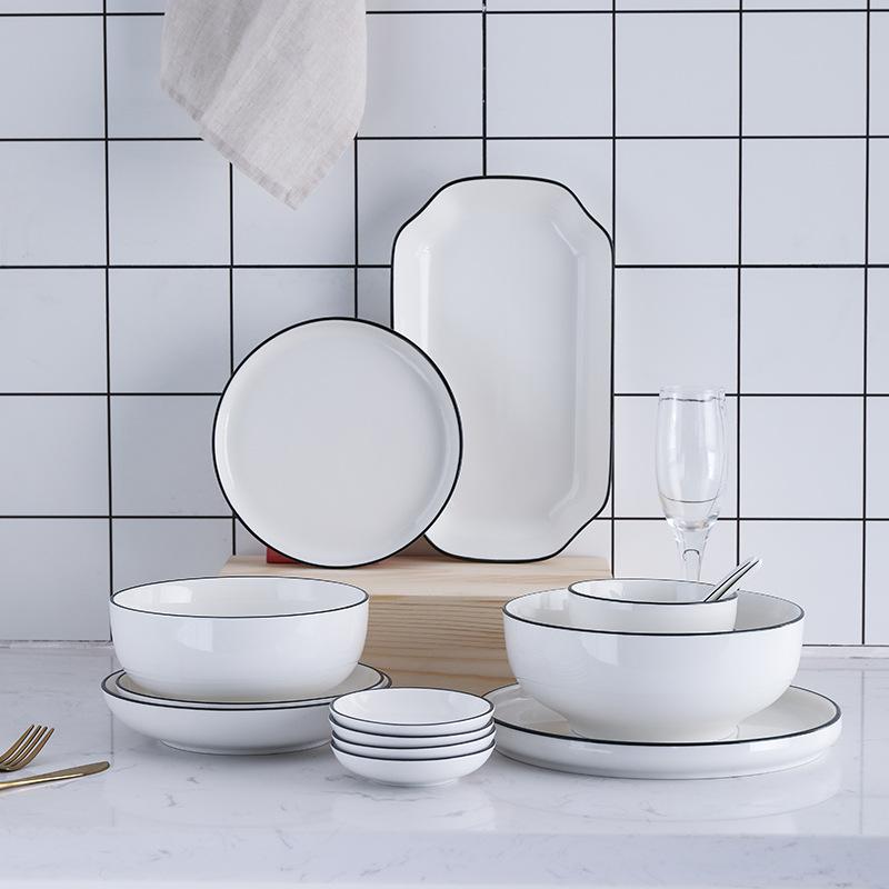 Clearance, Export European Nordic Household Set Ceramic Tableware Simple Black Edge Black Line Tableware Dishes And Plates