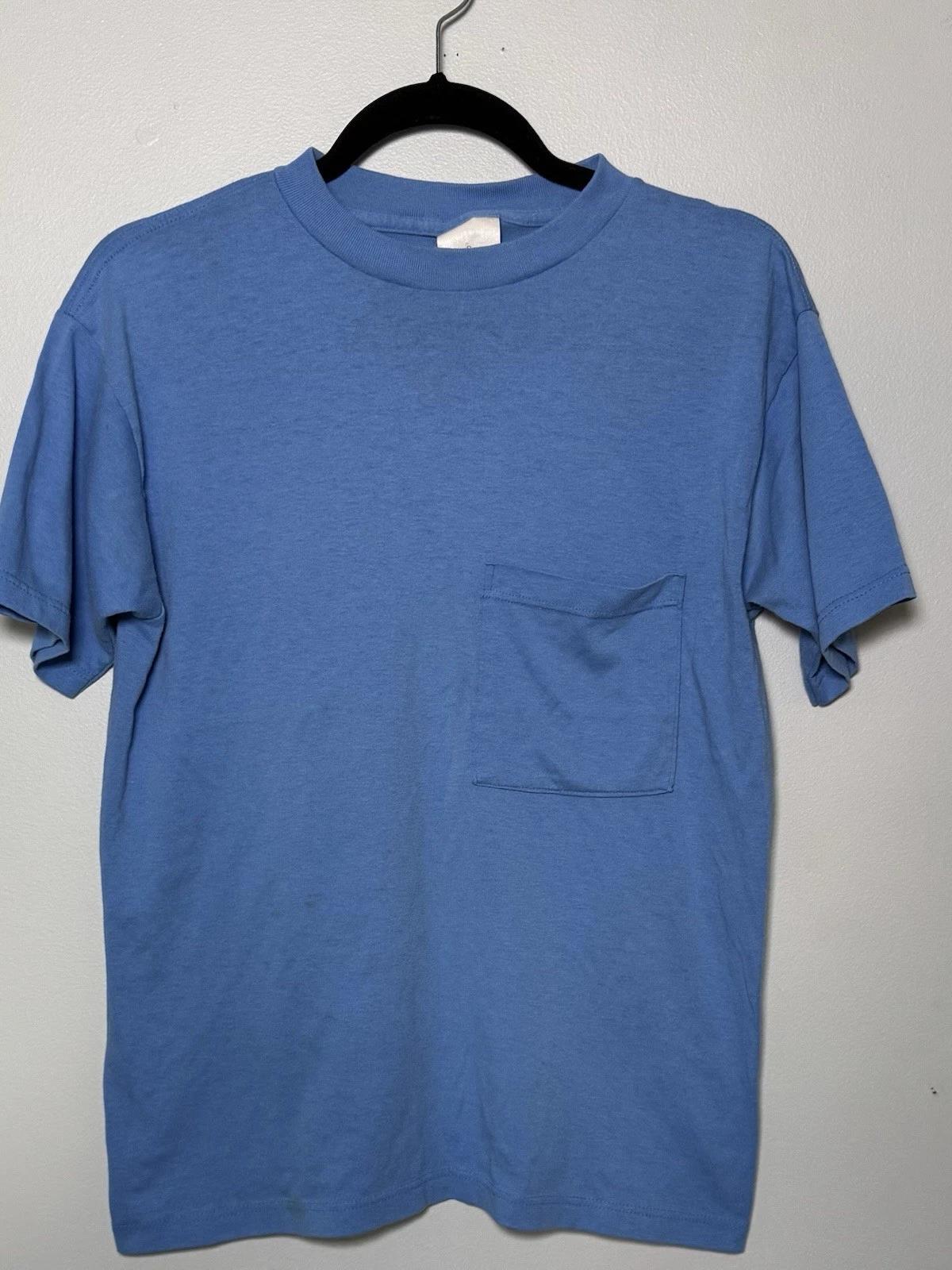 VTG Blank Pocket Tee Small Blue Single Stitch Made In USA Classic 80s Small M