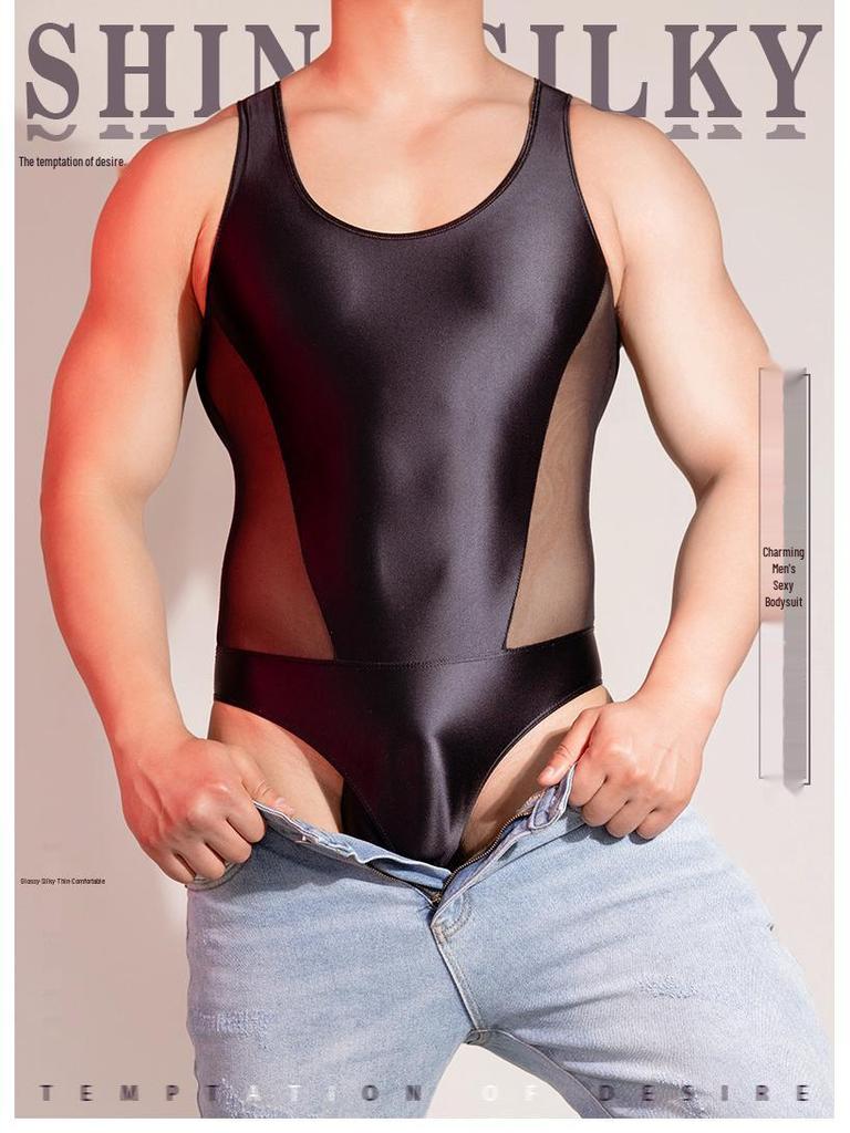 Herren Durchsichtiger Ärmelloser Erotischer Body - Glänzend, Hochelastisch, Atmungsaktiv Muskelformend