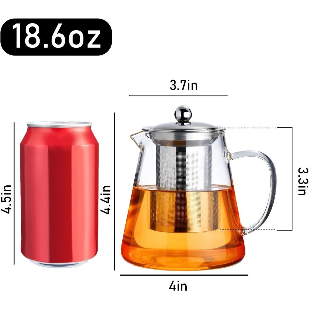 18.6 Oz/550Ml Glass Teapot Stovetop Borosilicate Clear Tea Kettle With Removable Stainless Steel Tea Brewer For Camping,Travel