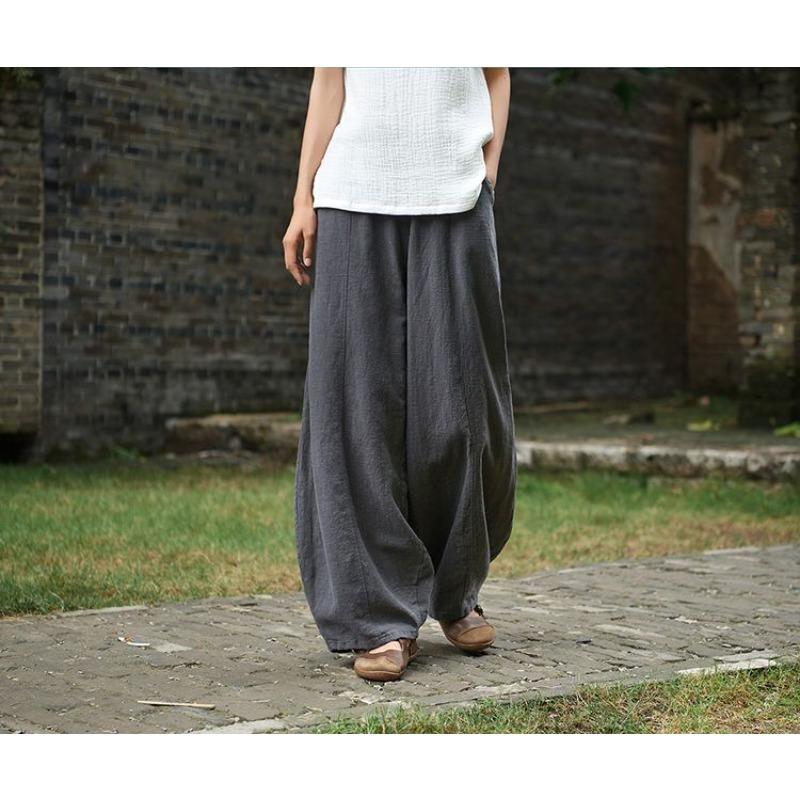 Summer Women Cotton Casual Pants Elastic High Waist Loose Wide Leg Trousers With Pockets