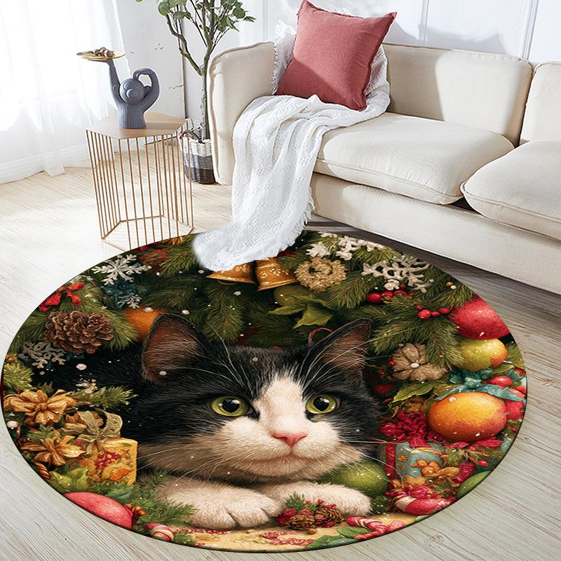 Christmas cat pattern round rug,Carpet Rug for Living Room Bedroom Playroom ,Non-slip Floor Mat,Holiday Gifts and Birthday Gifts.