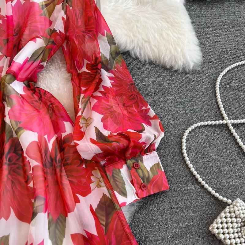 Camisole Dress for Holiday Temperament Floral Chiffon Vestidos Bandage Print Femme Robe Korean Casual Office Lady Ropa Mujer