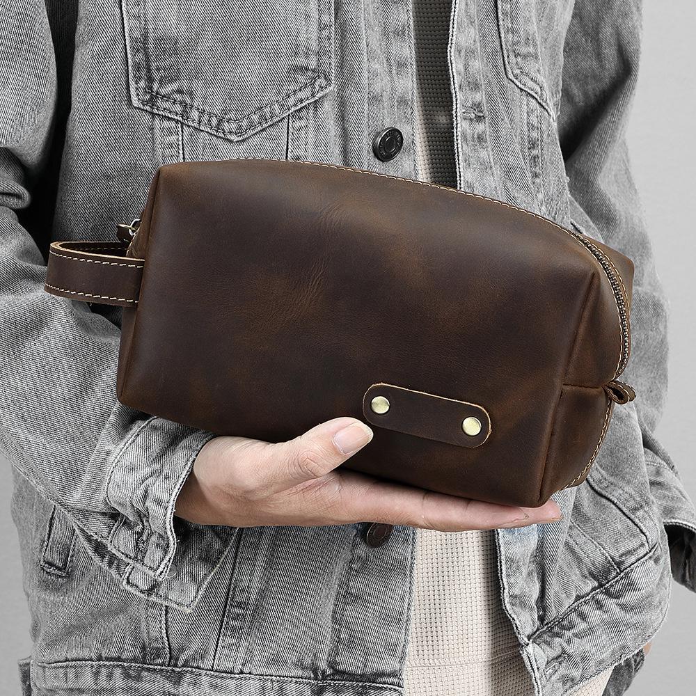 Genuine Leather Wash Bag with A Leather Top Layer, Cowhide Storage Bag, Retro Men s Handbag, Wear-resistant Cowhide Bag