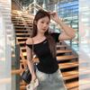 American retro Spice Girl Alphabet Hot Diamond Slash Shoulder Short Sleeve T-Shirt Women's Summer Waist Skinny Off-Shoulder Short Top