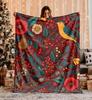 Vintage Style Holiday Floral and Bird Velveteen Plush or Sherpa Blanket Christmas Red Winter Throw Cozy Botanical Blanket Gift