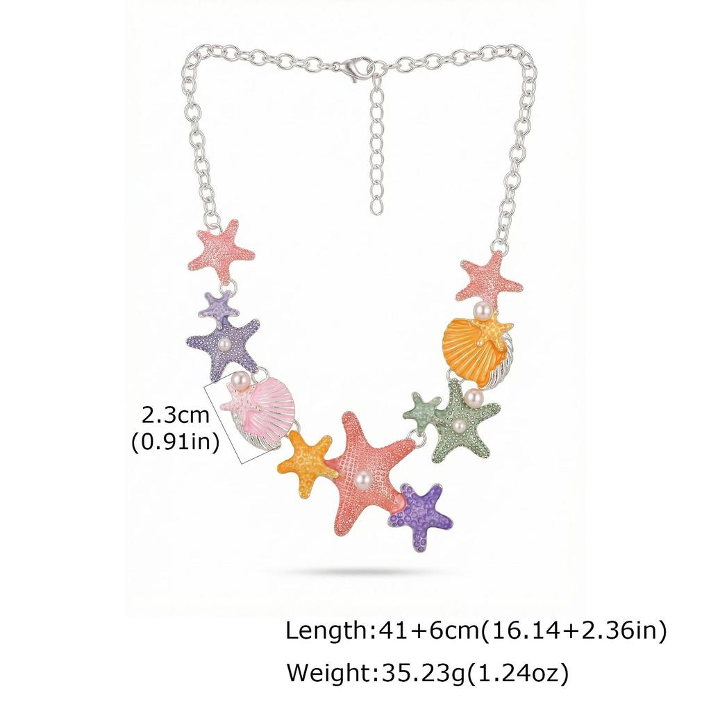 Ocean Necklace Colorful Starfish Seashell Multi Charm Silver Color Jewelry Mermaid Style Summer Beach Vacation Necklace Gift