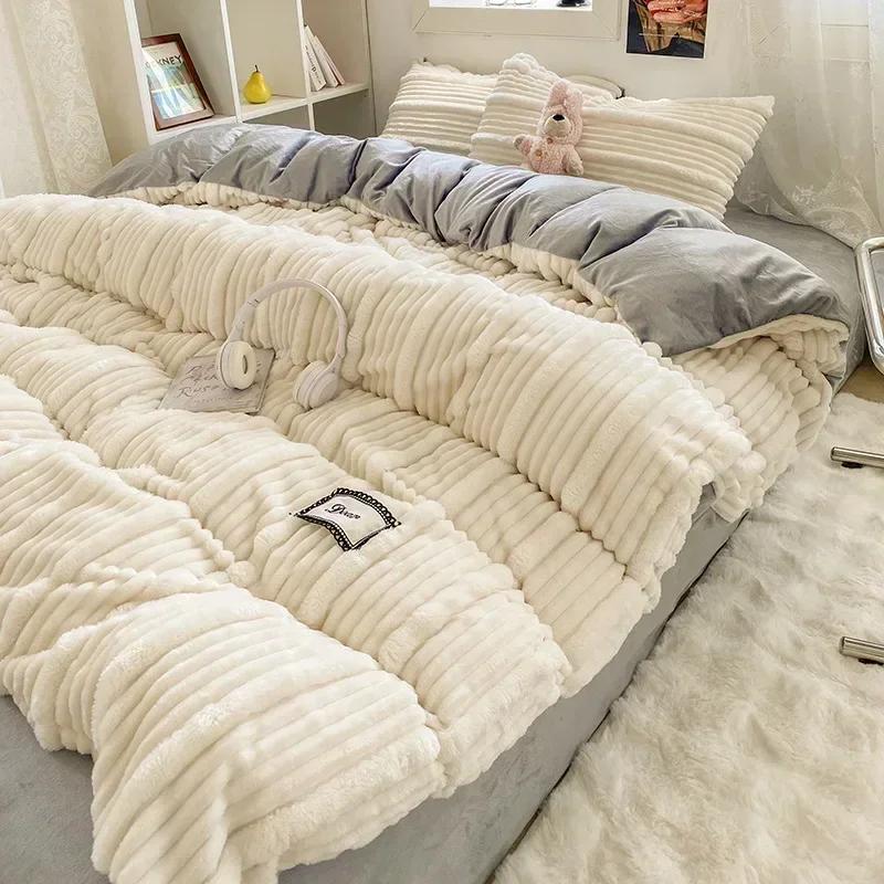 4PCS/set Thick Solid Color Velvet Duvet Cover Winter Warmth Bedding Set Double Quilt Cover Twin Queen King Comforter Cover