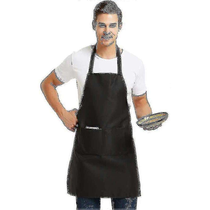 6 Pack Plain Bib Aprons With 2 Pockets - Black Unisex Commercial Apron Bulk