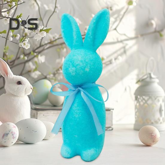 Easter Bunny Statue Freestanding Foam Rabbit Ornament Faux Moss Rabbit Flocked Bunny Figurine Centerpiece for Desk Mantel Dining Table