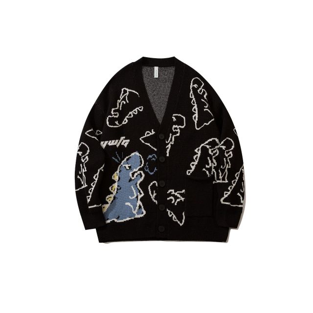 Harajuku Dinosaur Pattern Black Cardigan Sweater Men Vintage Oversized Cartoon Kawaii Coats Autumn Winter Loose Knitted Sweater