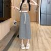 MOJTA Gonna Estiva da Donna a Vita Alta Media Lunghezza A-line Elastica a Righe Coulisse Casual con Spacco