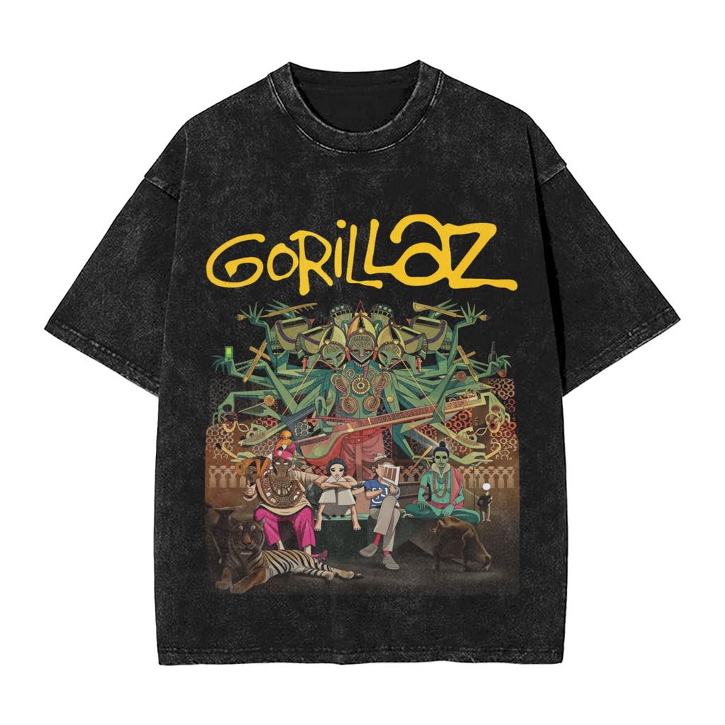Streetwear Washed Tshirt Gorillazs Cotton Tshirts Novelty Tshirt For Male Summer Awesome Pattern Clothing