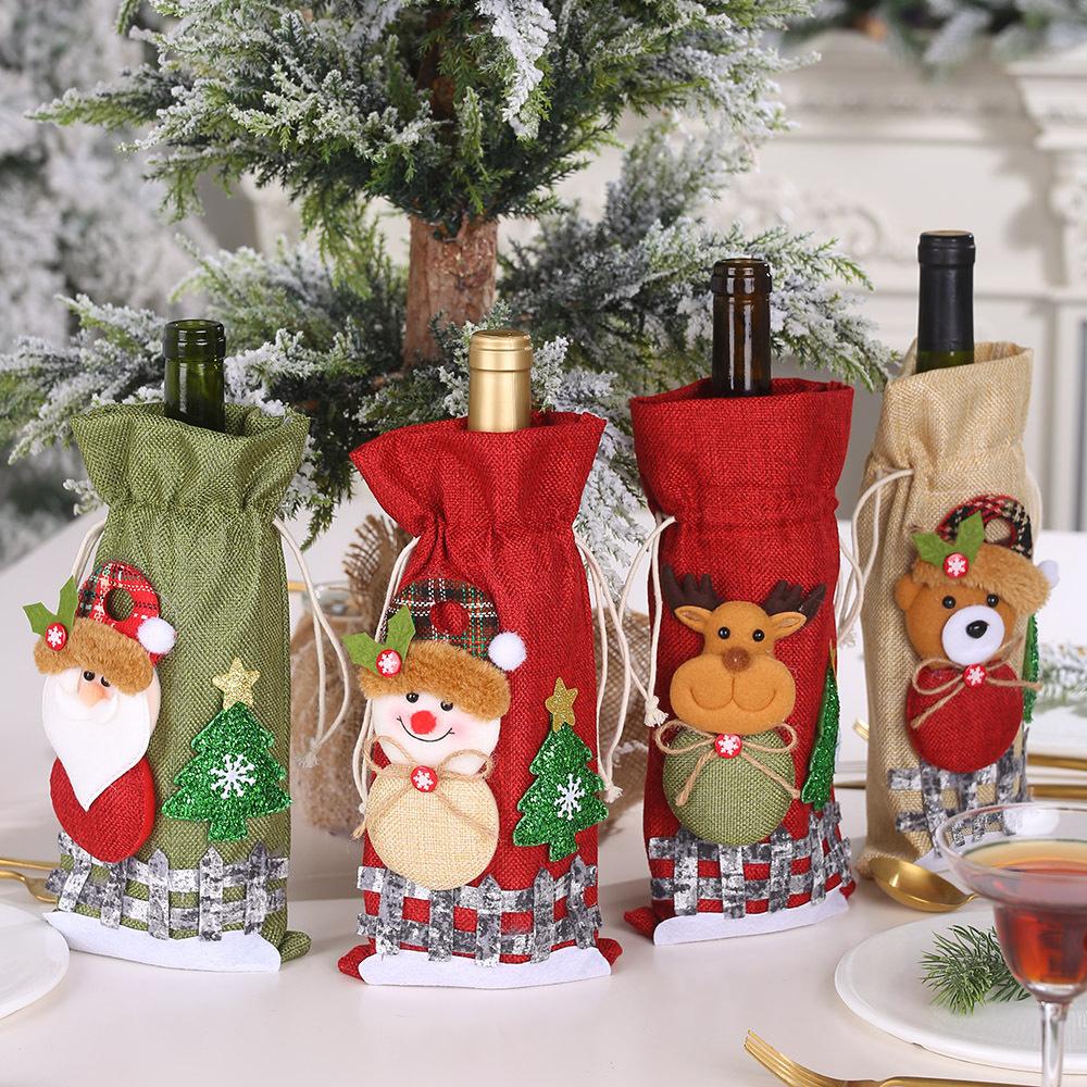 LMETJMA Christmas Wine Bottle Bags Flax Christmas Burlap Wine Cover Bags Elk Santa Claus Wine Bottle Decoration Bags JT262