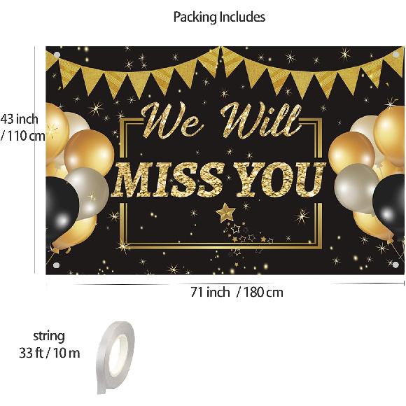 We Will Miss You Decorations Banner, Black Gold Retirement party Decoration, Going Away, Office Farewell, College Graduation, Friends Goodbye Party