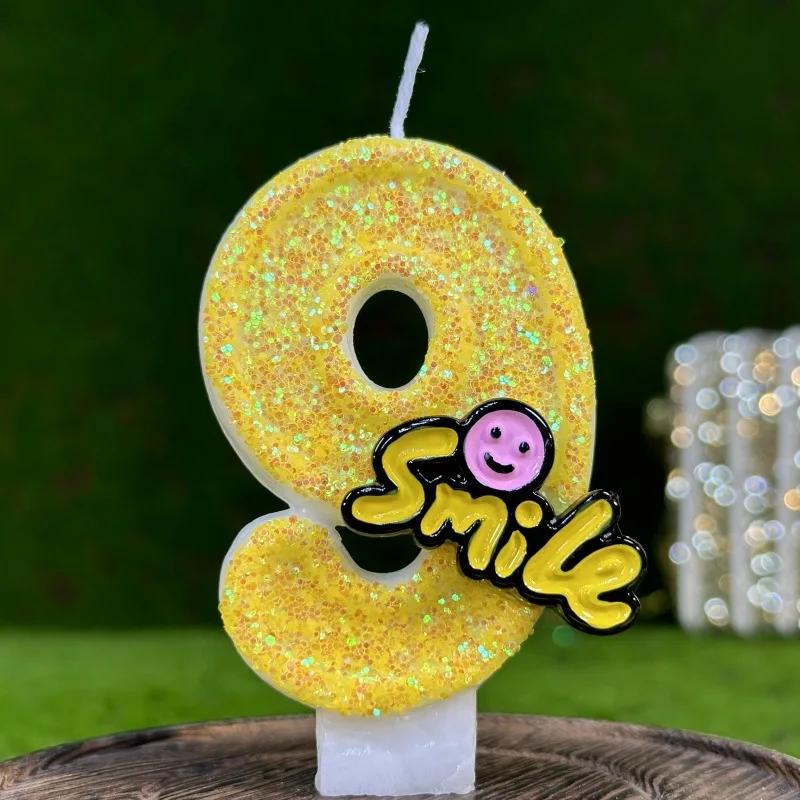 

Creative Digital Birthday Candle Cake Party Decoration Birthday Wax DIY Year Celebration Yellow Smile Number