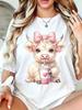 Cute Highland Cow With Pink Bow & Beverage Print Plus Size Tee For Women, Crew Neck Short Sleeve Casual T-Shirt