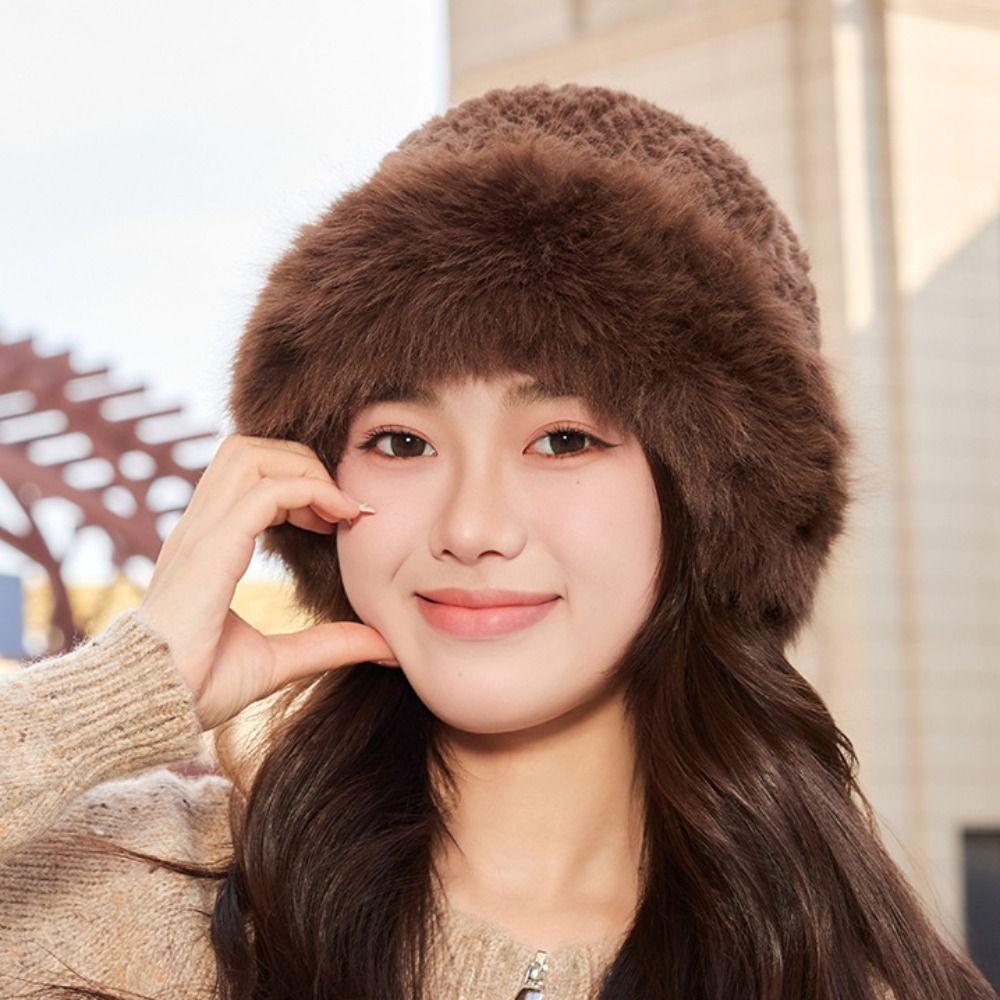 Korean Style Women's Plush Hat Windproof Ear Protection Hat Casual Faux Fur Bucket Hat Outdoor