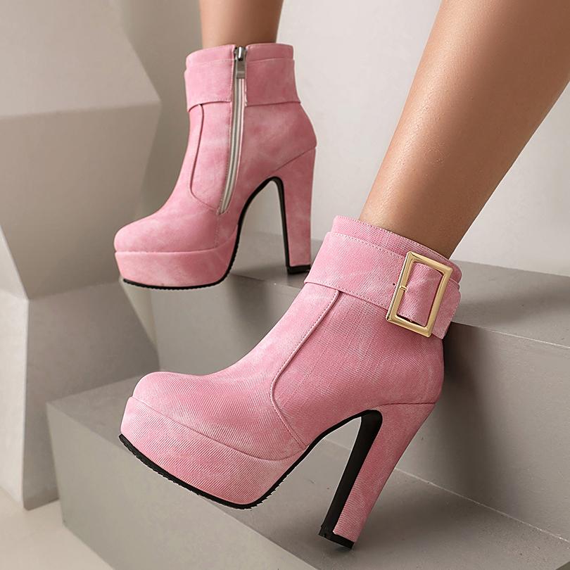 Botines de Tobillo con Cremallera Plataforma Gruesa Ultra-Alta Talón Grueso Metal Cuadrado Adhesivo Parte Superior de Tela Vaquera Interior de Felpa Botines Vaqueros Cortos Retro