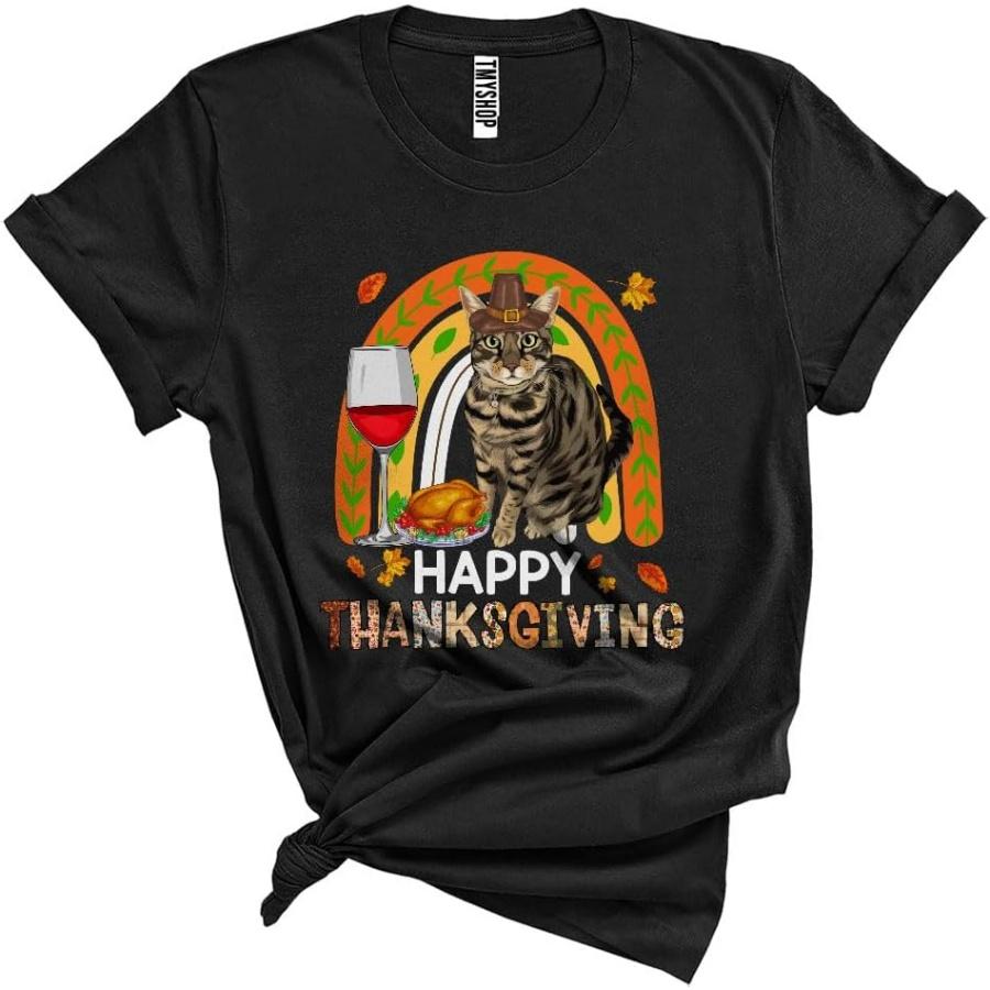 Happy Thanksgiving Funny Dinner Wine Fall Rainbow with American Shorthair Cat Unisex T-Shirt XXXXXL разноцветный