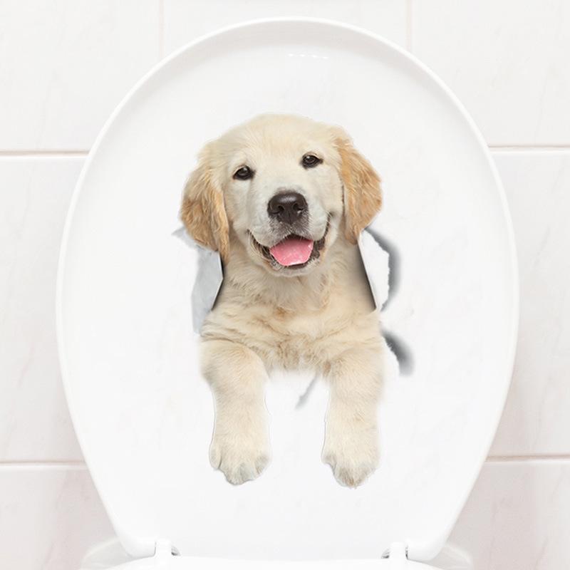 3D samolepky na toaletu pro kočku a psa Samolepky na stěnu s roztomilými zvířaty Domácí dekorace Umění PVC Vinyl Dekorace do koupelny Vodotěsné