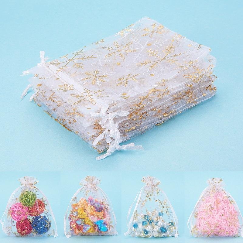 100pcs white printed Drawstring Gauze Bag Organza Bag Packing Holder Color Gold Yarn Candy christmas gifts Bags