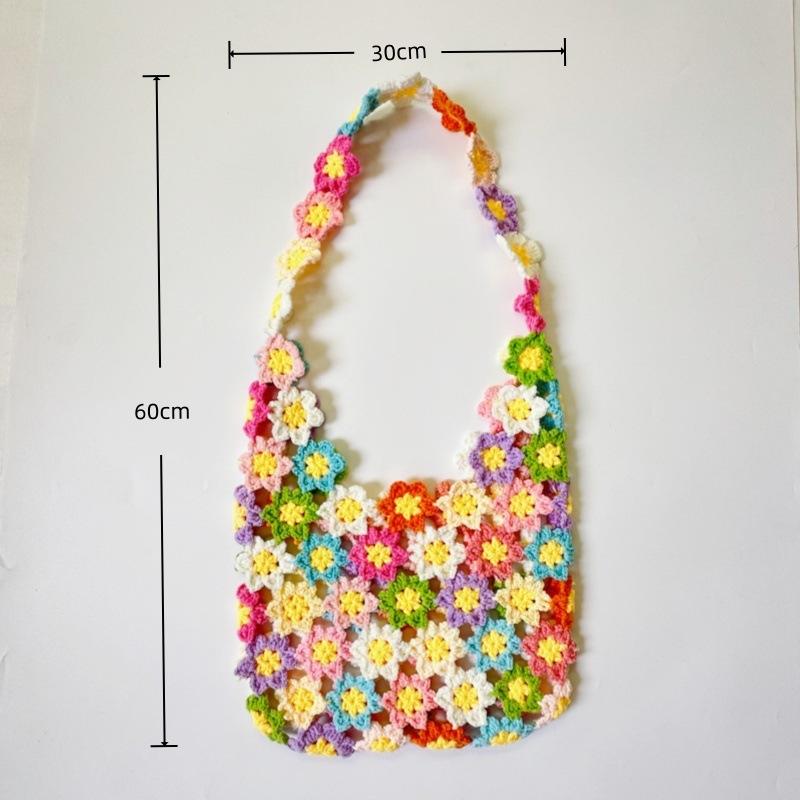 Handmade Crochet Shoulder Bag For Women Colorful Flower Patchwork Hollow Out Knitted Tote Bag Boho Style Casual Travel Handbag