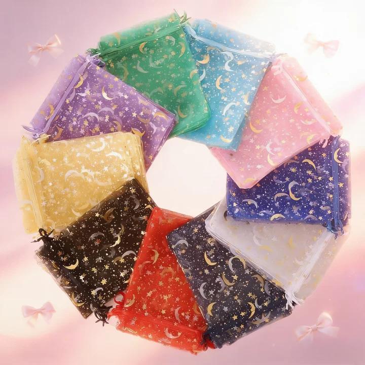 

50PCS Moon Stars Drawstring Organza Bags Jewelry Gift Bags Pouches Gold Star Organza Favor Pouches for Christmas Wedding 7x9cm