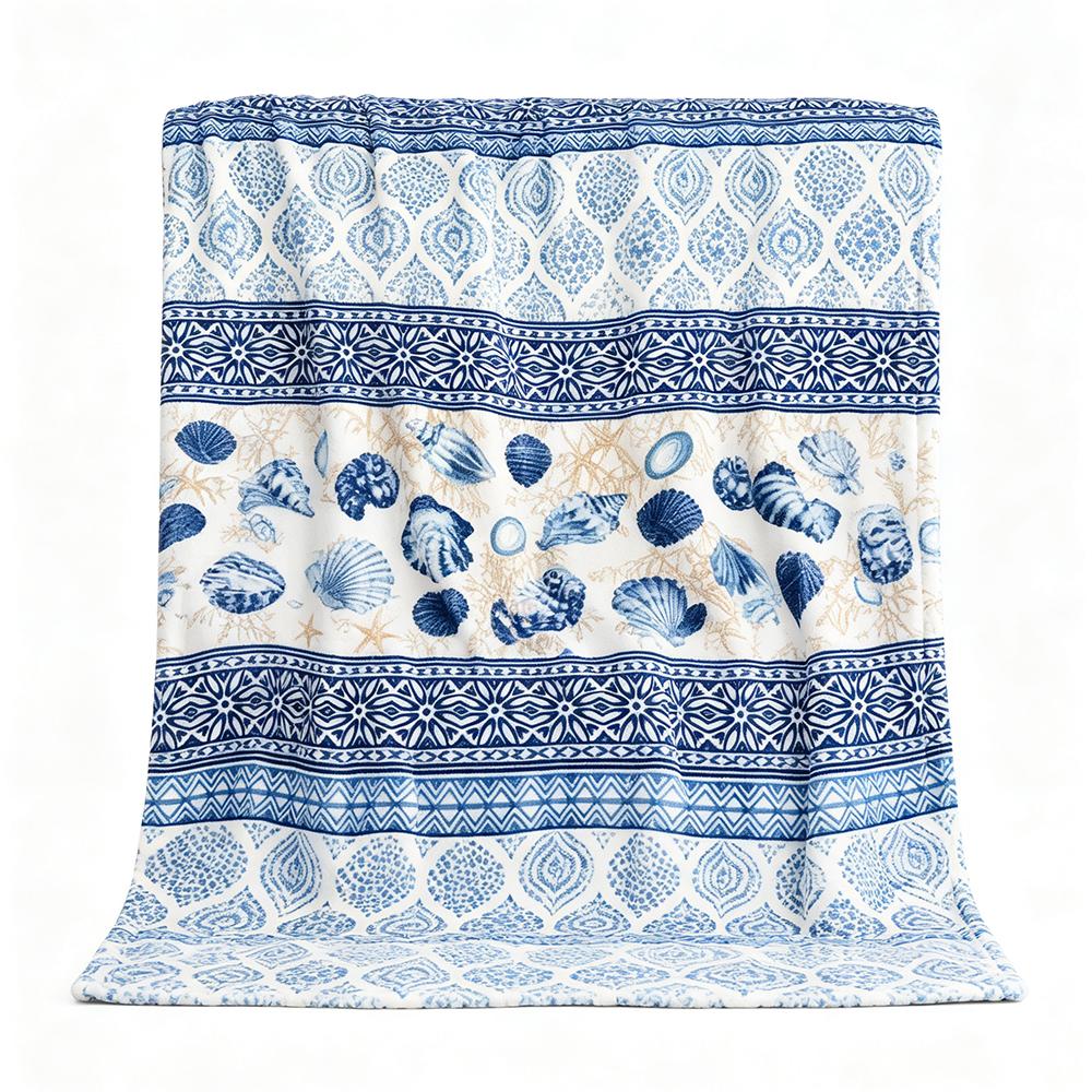 Coastal Starfish Seashell Coral Flannel Throw Blanket, Blue Ocean Nautical Print Soft Warm Lightweight Blanket for Sofa Bed Beach Home Decor Gift