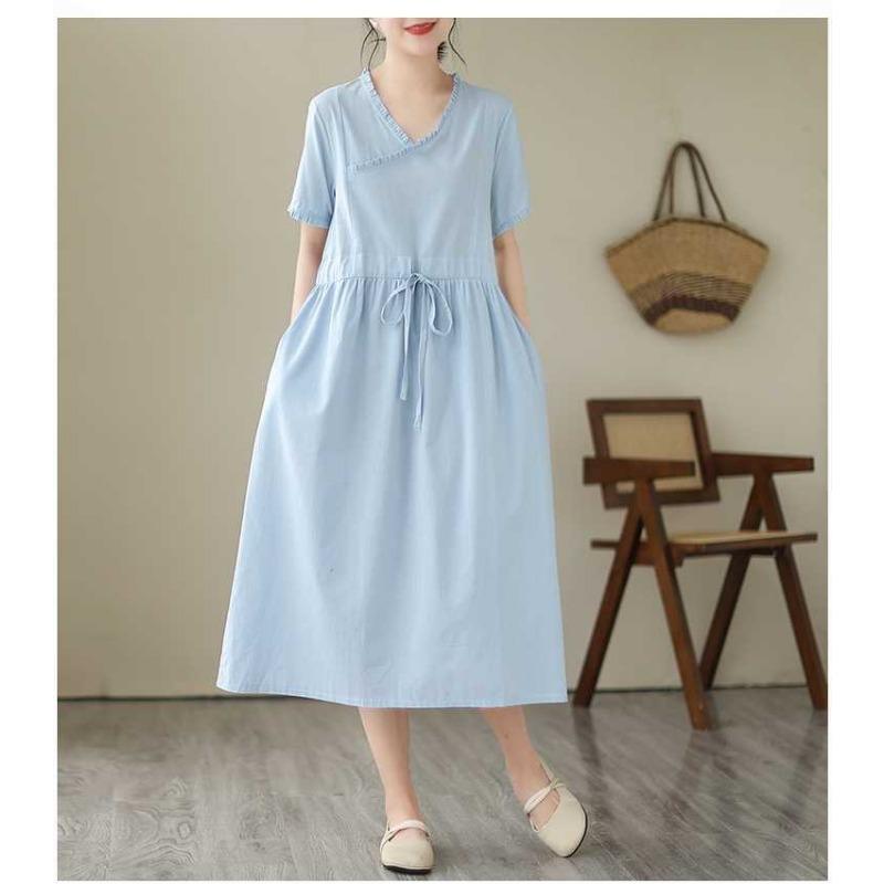 Ethnic Style Wooden Ear Neck Tie Waist Short Sleeve Midi Literary Vintage Dresses