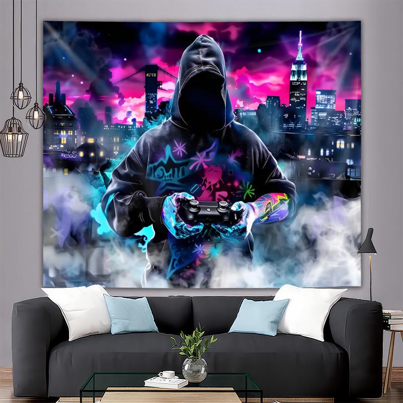 VIKAMA Cyber Neon Game Player Tapestry City Night Scene Hanging Cloth Esports Room Bedroom Bedhead Wall Decoration Carpet