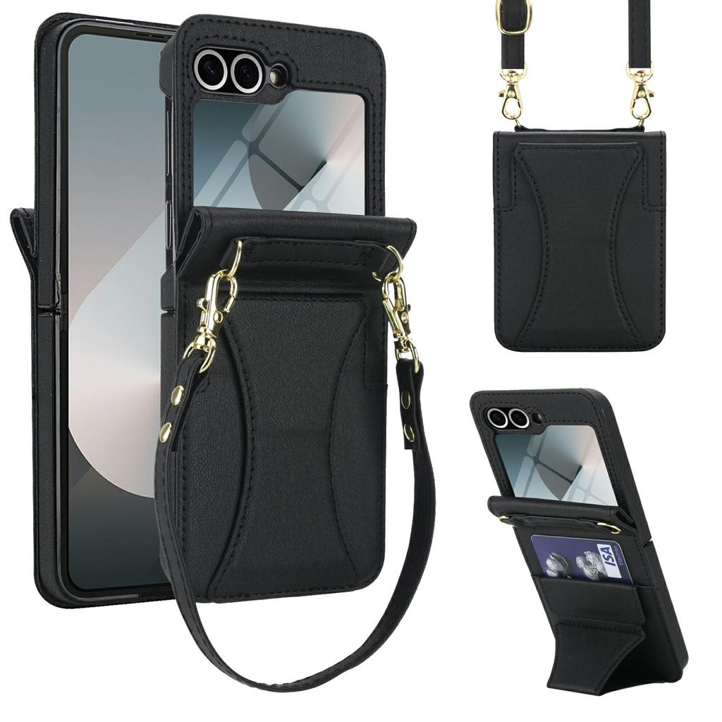 For Samsung Galaxy Z Flip5 5G Case Kickstand Leather+PC Folding Phone Cover with HD Screen Protector/Straps