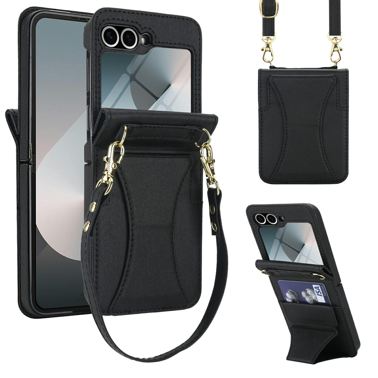 

For Samsung Galaxy Z Flip5 5G Case Kickstand Leather+PC Folding Phone Cover with HD Screen Protector/Straps Black