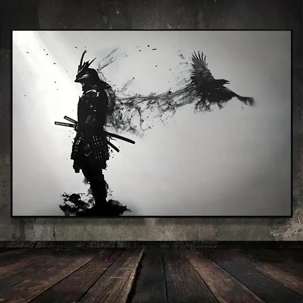 Black and White Japanese Black Samurai Man with Crow Posters and Print Wall Art Canvas Painting for Living Room Cuadros Decor 60 X 40 Cm