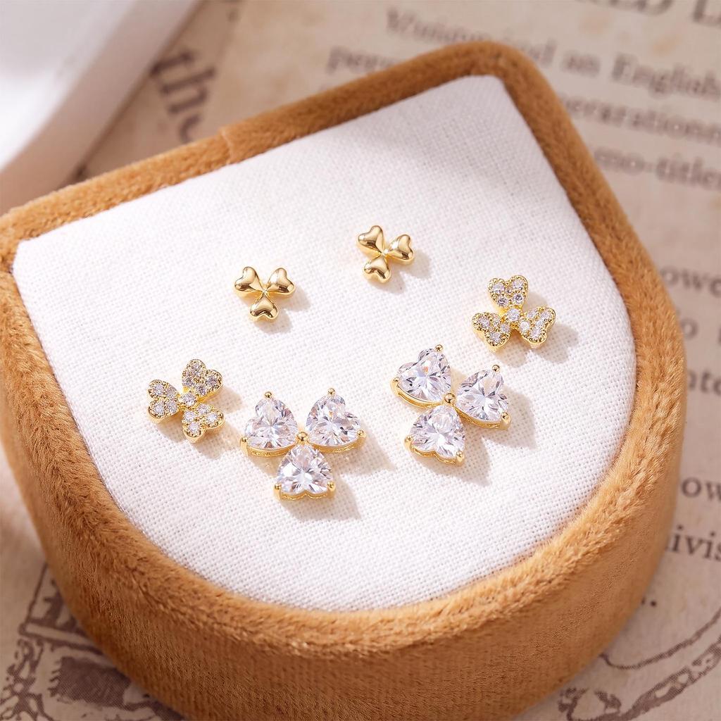 2026 Elegant Gold-Tone Clover Stud Earrings: Copper-Plated, Rhinestone-Embellished, Versatile & Luxurious